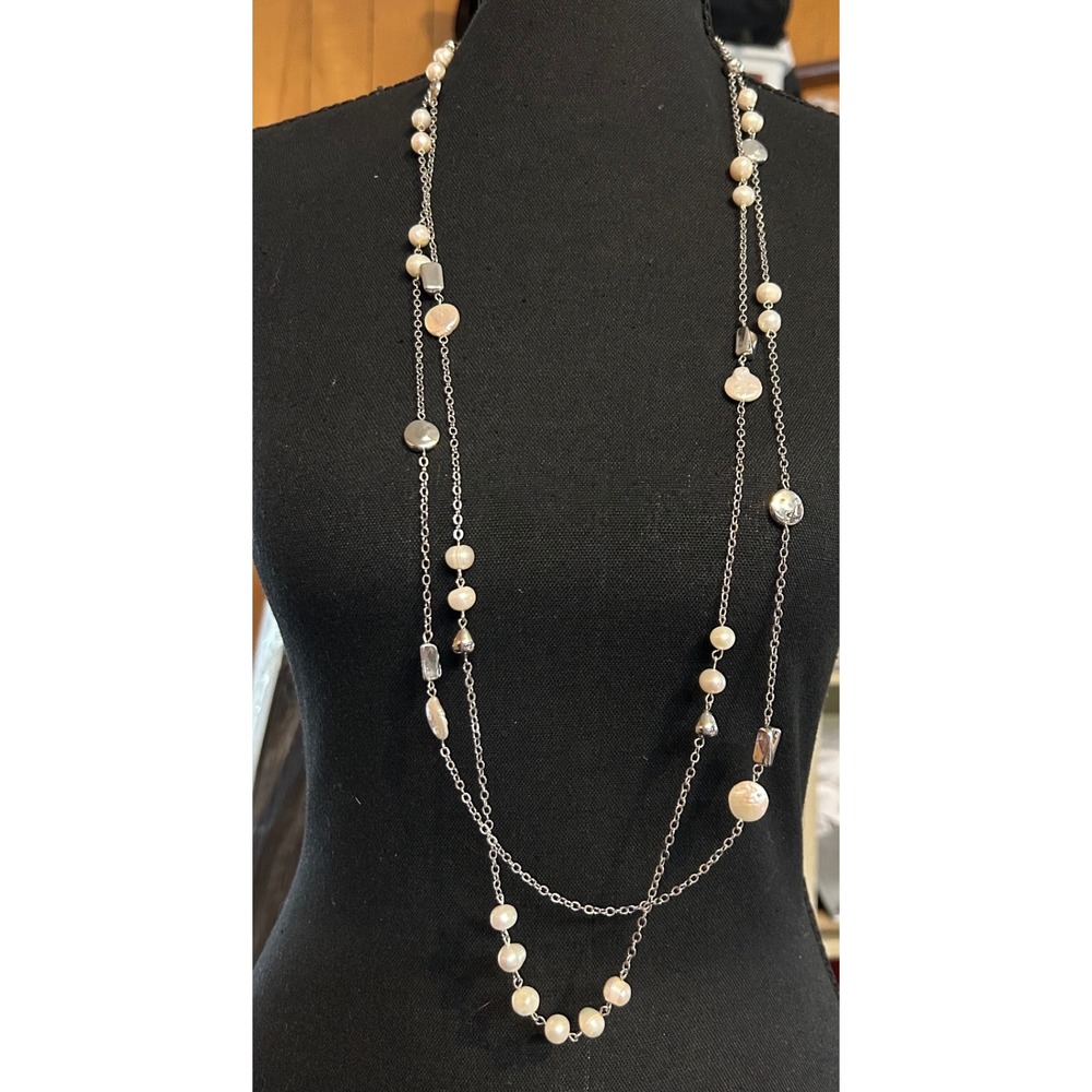 White House Black Market Faux Pearl Silver Tone Double Strand Long Necklace